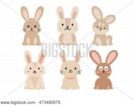 Set Of Cute Bunnies. Vector Illustration In Cartoon Style.