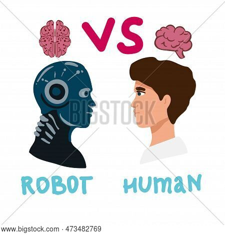 Vector Cartoon Human Businessman Office Manager Man Vs Robot Artificial Intelligence Pulling Rope Co