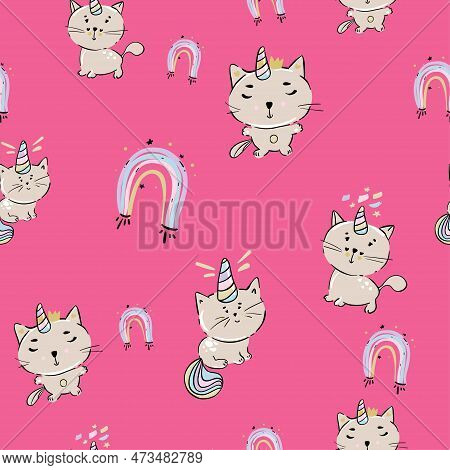 Cute Cat Caticorn Or Kitten Unicorn Vector Seamless Pattern. Kawaii Cat Unicorn With Lollipop. Isola