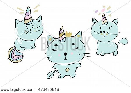 Vector Illustration Of Cute White Cat Unicorn Or Caticorn Life Activity Planner Including Working, S