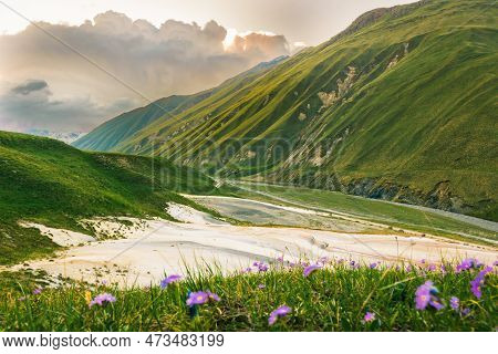 Travertines Natural Monument In Scenic Truso Valley In Summer Months. Famous Travel Destination In K