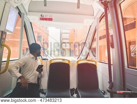 Uae, Abu Dhabi - 13th March, 2023: Interior Of Navya Masdar City Autonomous Vehicle While Driving Wi