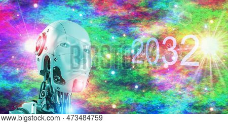 3d Robotic Head Coming Up Year 2032  Full Ai System On Abstract Bacground