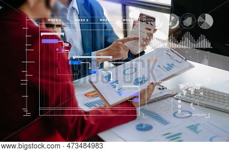 Businessman Hand Project Manager Working And Update Tasks And Gantt Chart Scheduling Virtual Diagram