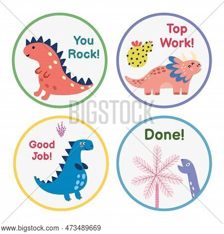 Reward Stickers Collection With Cute Dinosaurs. Teachers Award Badges With Funny Dinos