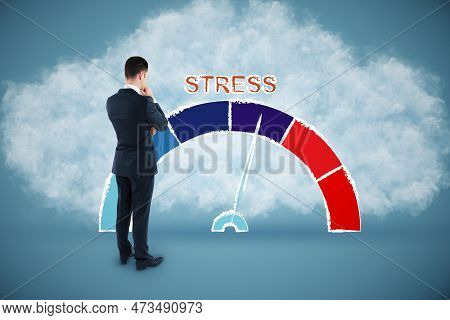 Attractive Young Busiessman With Rising Stress Level Scale On Abstract Blue Background With Cloud. H