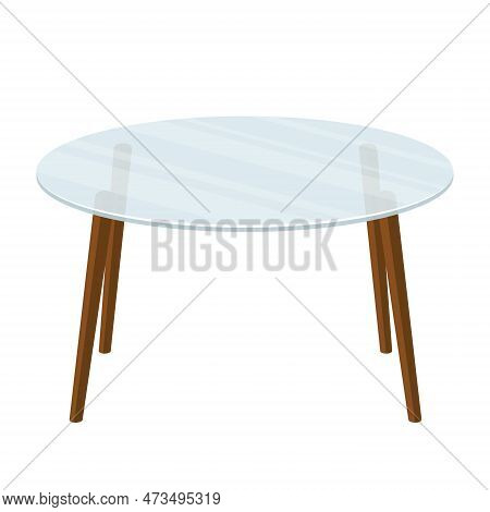 Empty Glass Round Office Table On Wooden Legs Isolated On White Background. Modern Transparent Coffe