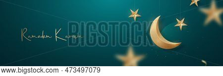 Ramadan Kareem Horizontal Banner. Hanging Traditional Islamic Golden Crescent Moon And Stars On Gree