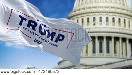 Washington D.c., Us, March 2023: Flag With Donald Trump 2024 Presidential Election Campaign Logo Wav