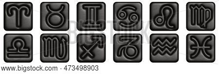 Three-dimensional Square Buttons Of The Twelve Signs Of The Zodiac.