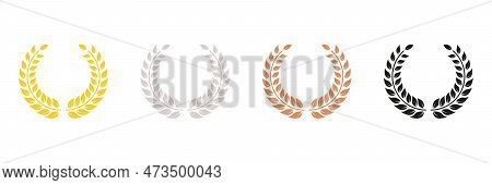 Winner Chaplet. Vintage Olive Leaves Emblem. Laurel Wreath Silhouette Icon Set. Gold, Silver, Bronze