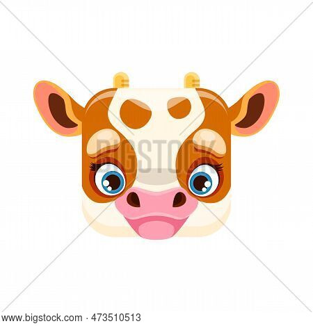 Calf Cartoon Kawaii Square Animal Face. Baby Cow Isolated Vector Farm Character Portrait With Blue E
