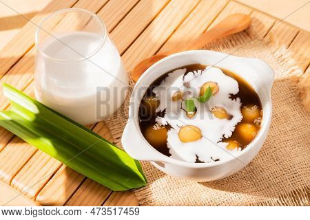 Bubur Candil Or Indonesian Rice Flour Porridge With Sweet Potato Sticky Rice Balls, Served With Palm