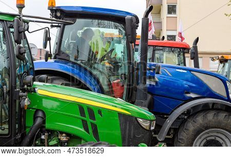 Strasbourg, France - April 30, 2021: Side View Of Tractors At Farmer Protest In Front Of Council Of 