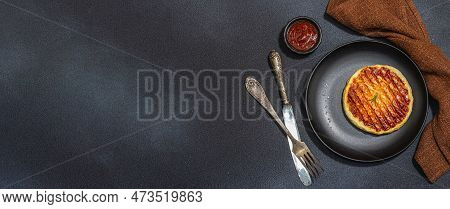 Grilled Halloumi Cheese Served On Plate. Cutlery, Traditional Food For Picnic Or Bbq