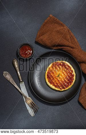 Grilled Halloumi Cheese Served On Plate. Cutlery, Traditional Food For Picnic Or Bbq