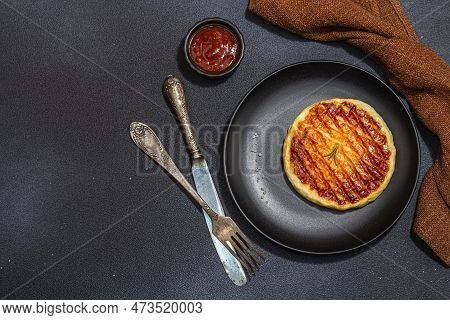 Grilled Halloumi Cheese Served On Plate. Cutlery, Traditional Food For Picnic Or Bbq
