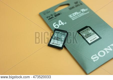 Bangkok, Thailand - March 27, 2023 : Close Up Of Sony Sdxc Uhs-ii Sd Memory Card For Writing Data. S