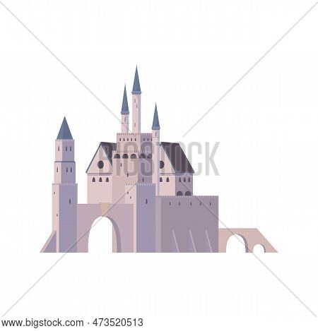 Fortress With Arch Gates, Royal Retro French Citadel With Towers. Vector Palace Of Stone, Kingdom Ar