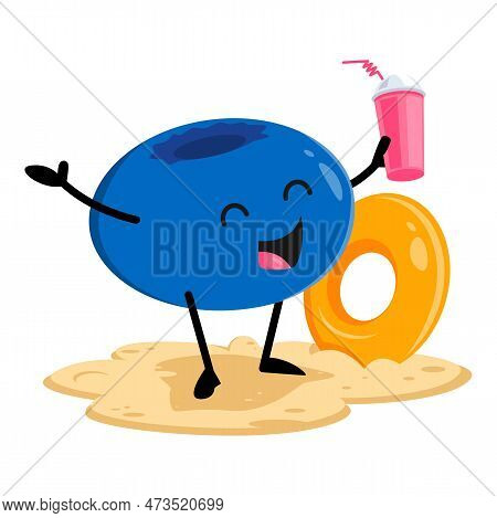 Cartoon Blueberry Berry Character On Summer Beach Vacation. Isolated Vector Personage With Inflatabl