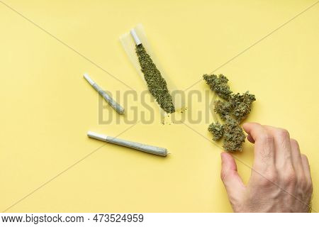 A Man's Hand Takes A Dry Bud Of Medical Marijuana, Two Joints Of Different Sizes And One Undercooked