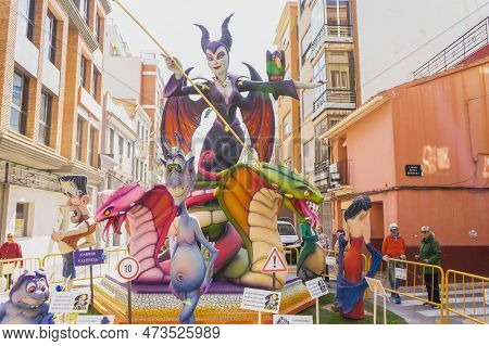 Burriana, Spain 18-03-2023: View Of The Sculpted Monument For Its Exhibition And Its Burning In The 