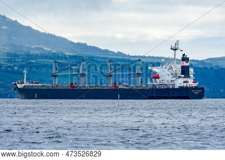 Ponta Delgada, Portugal - July 6, 2022: Bulk Carrier Dalian Star D Anchored In The Bay Of Ponta Delg