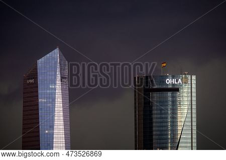 Madrid, Spain - November 12, 2022: Ohla And Kpmg Towers Against Threatening Stormy Grey Sky. Ohla Is