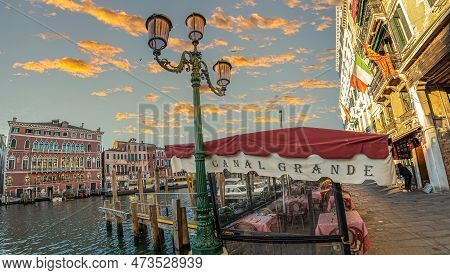 Venice, Italy - March 16, 2023: View Of The Grand Canal With The Terrace Of The Restaurant Of The Sa