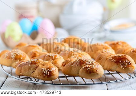 Homemade Easter Greek Kururakya Cookies With Sesame Seeds On A Metal Cooling Grate Close-up, Selecti