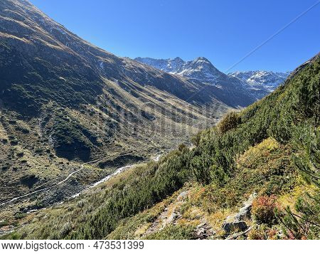 Beautiful Autumn Panorama Of The Alpine Valley Val Grialetsch And The Stream Aua Da Grialetsch In Th