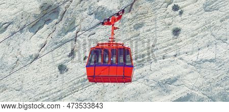 Red Funicular On Rosh Hanikra At The Israels Northern Border. Mediterranean Sea, Israel. Wide Photo 