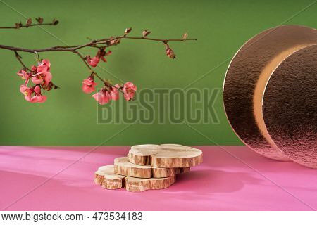 Composition Empty Podium Material Tree And Spring Flowers. Empty Background Composition For Cosmetic