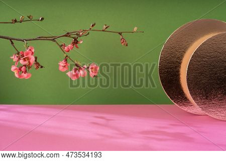 Composition Empty Podium Material Tree And Spring Flowers. Empty Background Composition For Cosmetic