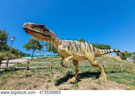 Morella, Spain - August 09, 2022 : The Dinosaur Exhibit In Morella Features Life-size Models And Fos