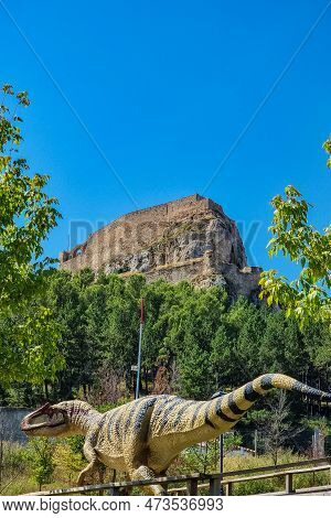 Morella, Spain - August 09, 2022 : The Dinosaur Exhibit In Morella Features Life-size Models And Fos