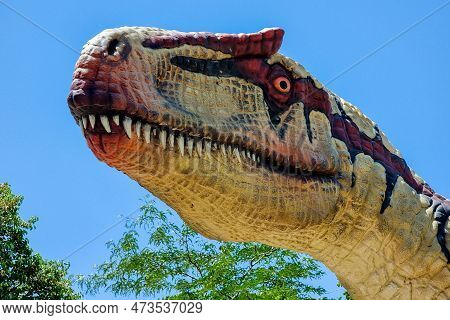 Morella, Spain - August 09, 2022 : The Dinosaur Exhibit In Morella Features Life-size Models And Fos