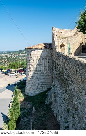 Morella, Spain - August 09, 2022 : The Medieval Walls Of Morella Are A Stunning Example Of Fortifica