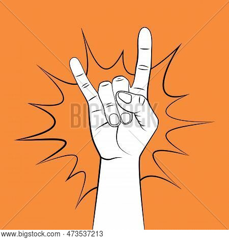 Rock And Roll Hand Sign. Goat Gesture In Cartoon Style. Vector Hand Drawn Illustration With Contour.