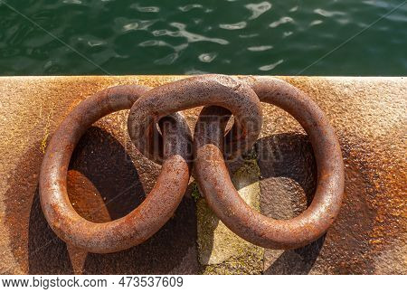Copenhagen, Denmark - September 13, 2010: Closeup Of Rusted Heave Double Ring Set On Harbor Quay To 