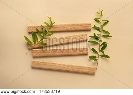 Blank For Your Design. Wooden Planks Lie In Green Branches Of Plant On Single Tone Beige Background.