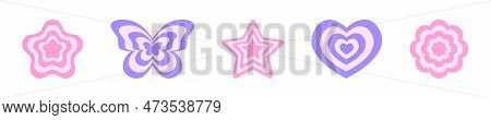Repeating Flower, Butterfly, Star And Heart Icons In Y2k Retro Style. 2000s Design Objects In Pastel