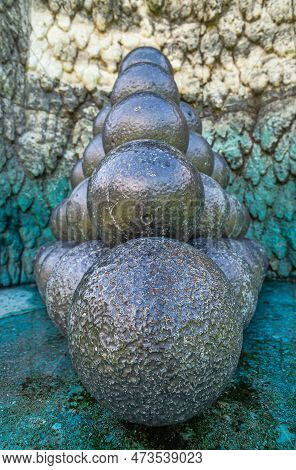 Copenhagen, Denmark - September 13, 2010: Pile Of Black Cannon Balls Closeup At Admiral Ivar Huitfel