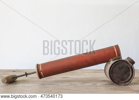 Old Rusty Manual Spray Pump For Insecticides. Country Style Background