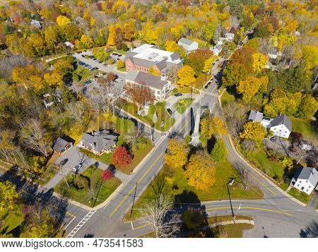 Acton Town Green Aerial View In Fall In Historic Town Center Of Acton, Massachusetts Ma, Usa.