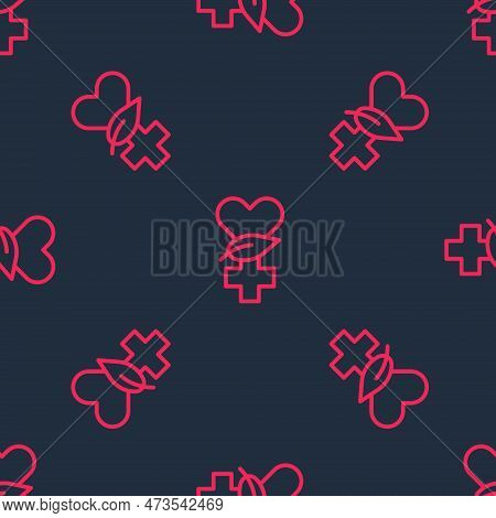 Red Line Ethnoscience Icon Isolated Seamless Pattern On Black Background. Gardening, Ethnoscience An