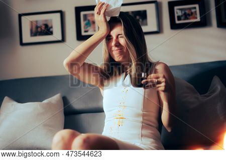 Unhappy Woman Spiling Coffee All Over Her Dress