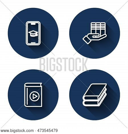 Set Line Graduation Cap On Mobile, Book Donation, Audio Book And With Long Shadow. Blue Circle Butto