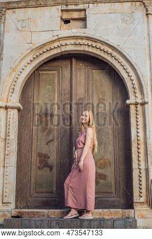 Woman Tourist In Old Town Kaleici In Antalya. Turkiye. Panoramic View Of Antalya Old Town Port, Taur
