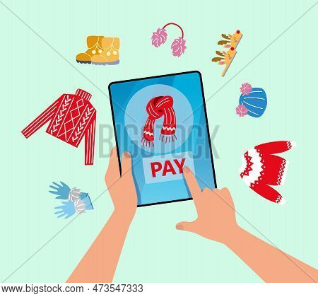 Hands Of Person Buying Clothes Via Tablet Vector Illustration. Cartoon Drawing Of Customer Ordering 